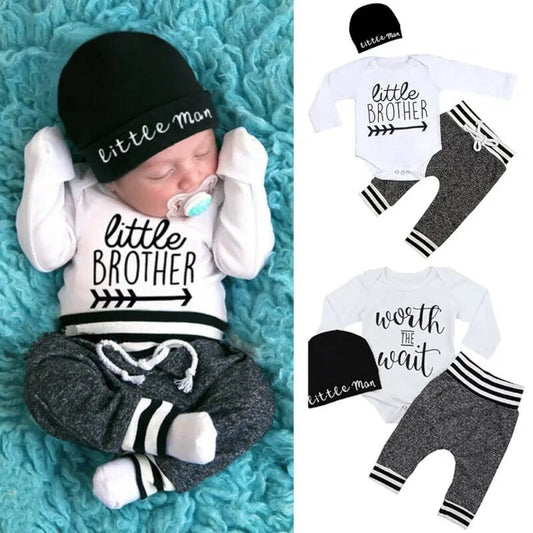 0 - 18Months Newborn Infant Baby Boy Clothes Cotton Sets Long Sleeve Romper Pant Hats Outfit 3Pcs Baby Warm Clothing - PratSN