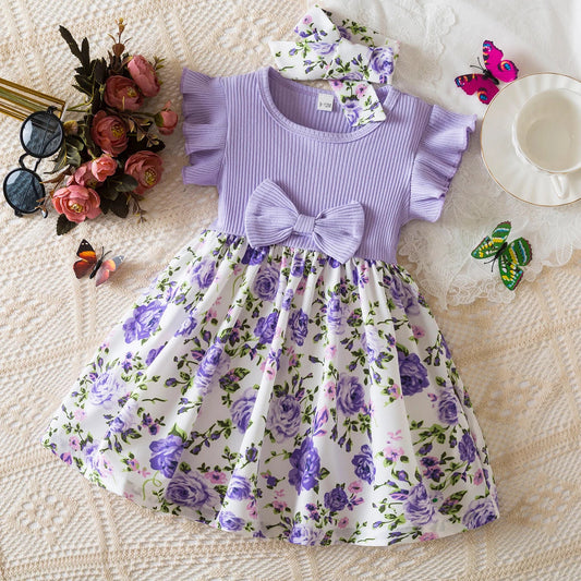0 - 3 Years Baby Girl Clothes Summer Sleeveless Printed Dress Newborn Girl 1st Birthday Dress Ruffled Patchwork Dress and Headband - PratSN