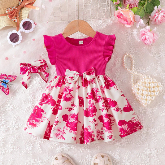 0 - 3 Years Baby Girl Clothes Summer Sleeveless Printed Dress Newborn Girl 1st Birthday Dress Ruffled Patchwork Dress and Headband - PratSN