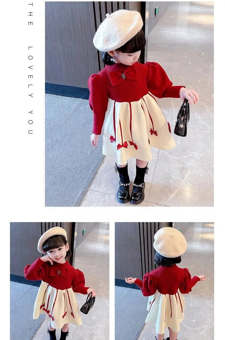 1 - 10Years Girls Sweater Dress Children Winter Knit Clothes Long Sleeves Casual Outfits Bow Toddler Red Princess Party Dresses - PratSN