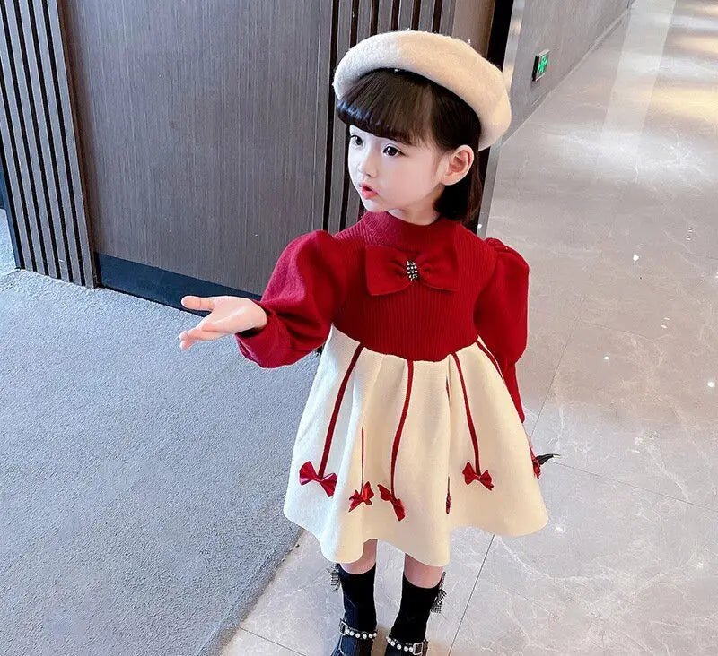 1 - 10Years Girls Sweater Dress Children Winter Knit Clothes Long Sleeves Casual Outfits Bow Toddler Red Princess Party Dresses - PratSN