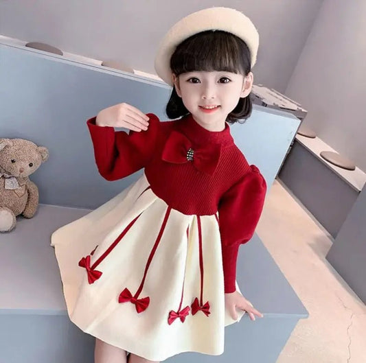 1 - 10Years Girls Sweater Dress Children Winter Knit Clothes Long Sleeves Casual Outfits Bow Toddler Red Princess Party Dresses - PratSN