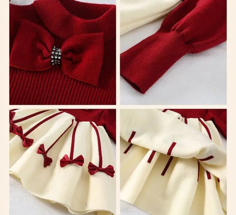 1 - 10Years Girls Sweater Dress Children Winter Knit Clothes Long Sleeves Casual Outfits Bow Toddler Red Princess Party Dresses - PratSN