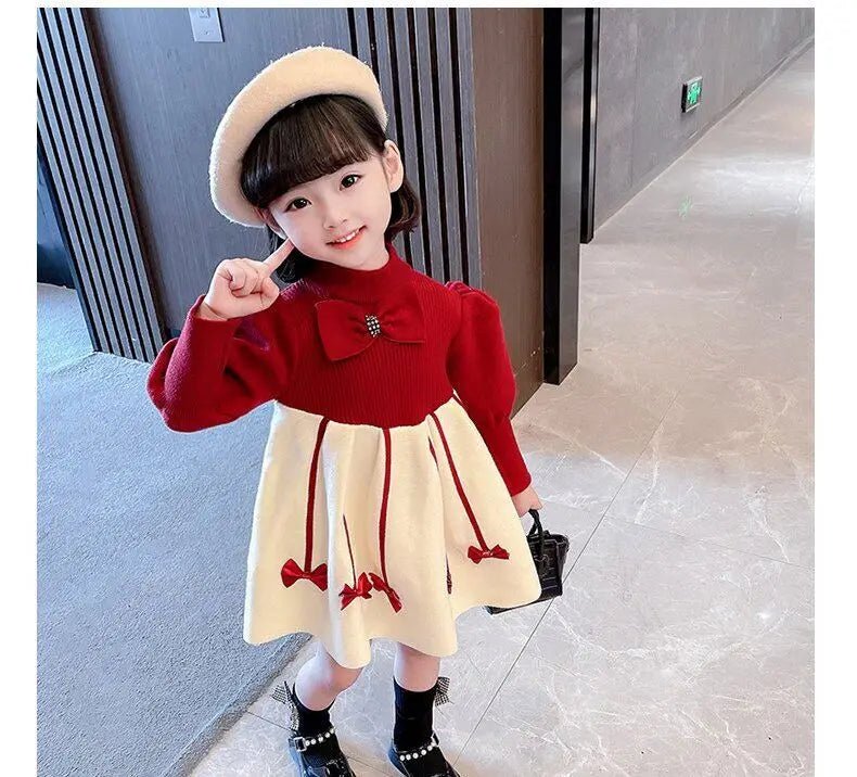 1 - 10Years Girls Sweater Dress Children Winter Knit Clothes Long Sleeves Casual Outfits Bow Toddler Red Princess Party Dresses - PratSN