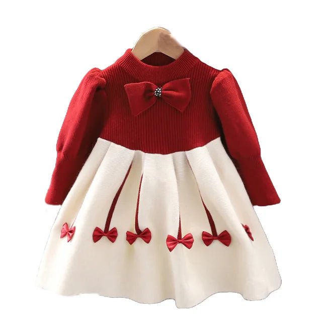 1 - 10Years Girls Sweater Dress Children Winter Knit Clothes Long Sleeves Casual Outfits Bow Toddler Red Princess Party Dresses - PratSN