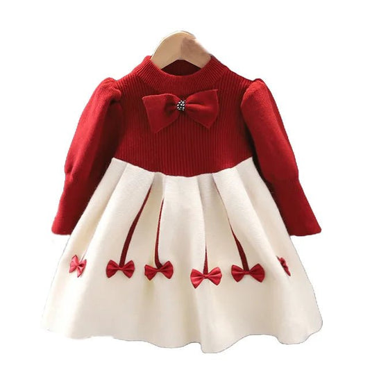 1 - 10Years Girls Sweater Dress Children Winter Knit Clothes Long Sleeves Casual Outfits Bow Toddler Red Princess Party Dresses - PratSN