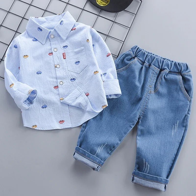 1 - 4 Years Spring Autumn Handsome Boys Clothing Set Full Sleeve Little Car Pattern Shirt+Jeans 2Pcs Suit For Kids Children Outfit - PratSN