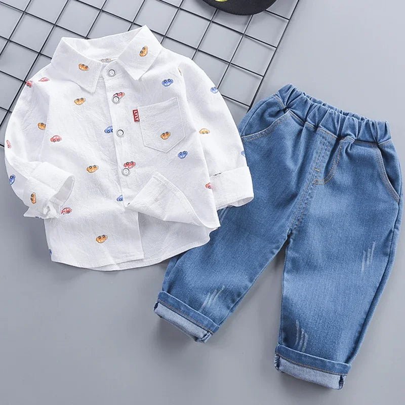 1 - 4 Years Spring Autumn Handsome Boys Clothing Set Full Sleeve Little Car Pattern Shirt+Jeans 2Pcs Suit For Kids Children Outfit - PratSN
