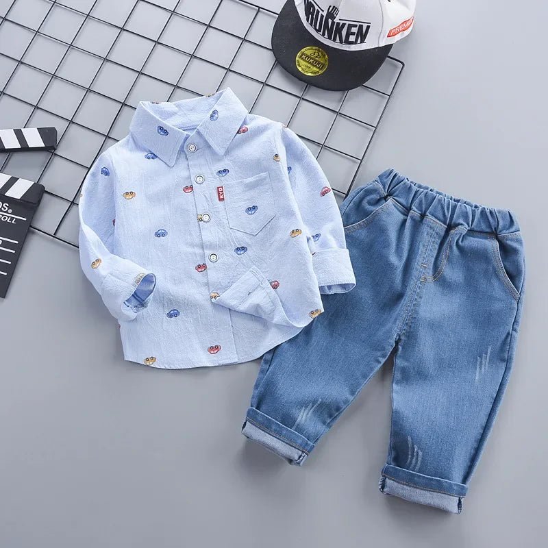 1 - 4 Years Spring Autumn Handsome Boys Clothing Set Full Sleeve Little Car Pattern Shirt+Jeans 2Pcs Suit For Kids Children Outfit - PratSN