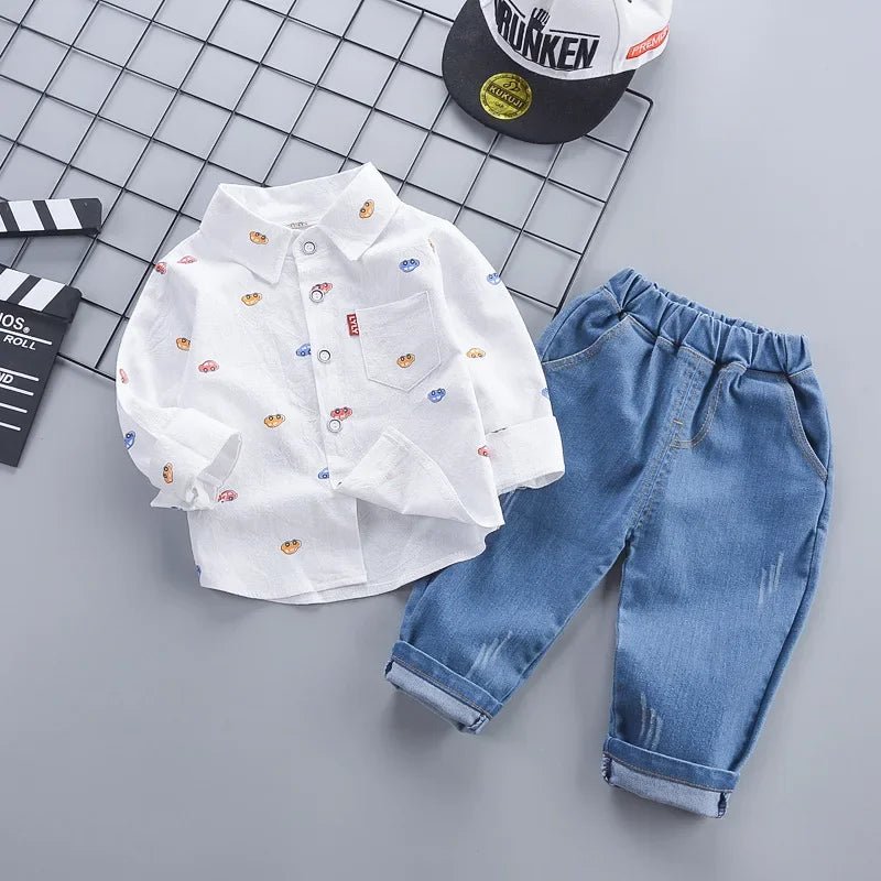 1 - 4 Years Spring Autumn Handsome Boys Clothing Set Full Sleeve Little Car Pattern Shirt+Jeans 2Pcs Suit For Kids Children Outfit - PratSN