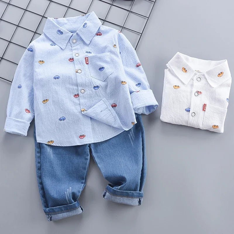 1 - 4 Years Spring Autumn Handsome Boys Clothing Set Full Sleeve Little Car Pattern Shirt+Jeans 2Pcs Suit For Kids Children Outfit - PratSN