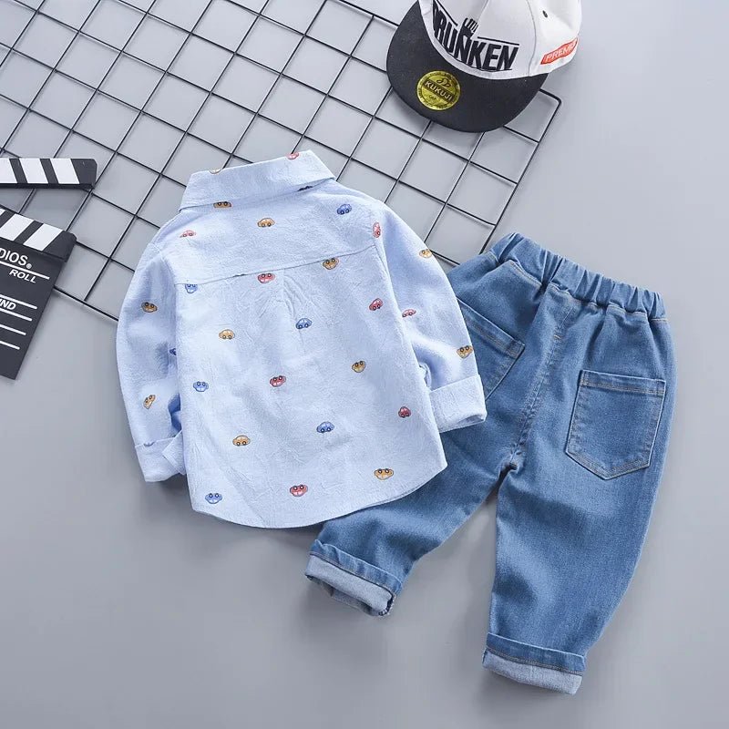1 - 4 Years Spring Autumn Handsome Boys Clothing Set Full Sleeve Little Car Pattern Shirt+Jeans 2Pcs Suit For Kids Children Outfit - PratSN