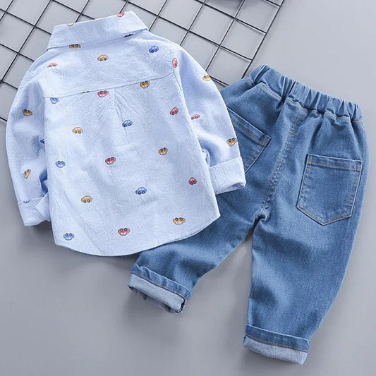 1 - 4 Years Spring Autumn Handsome Boys Clothing Set Full Sleeve Little Car Pattern Shirt+Jeans 2Pcs Suit For Kids Children Outfit - PratSN