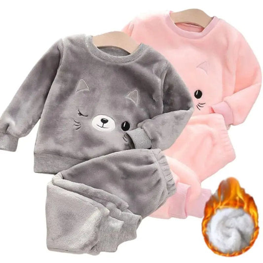 1 - 4Y Boys Pantsuit Plus Velvet Flannel Family Outfit Child Winter Warm Sleepwear Suit Girls Thick Coral Fleece Pajama Sets 2Pcs - PratSN