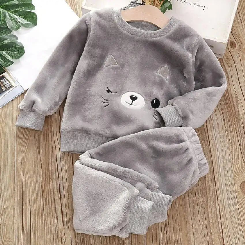 1 - 4Y Boys Pantsuit Plus Velvet Flannel Family Outfit Child Winter Warm Sleepwear Suit Girls Thick Coral Fleece Pajama Sets 2Pcs - PratSN