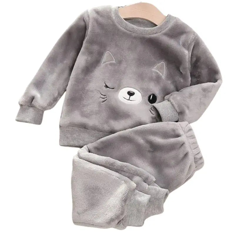 1 - 4Y Boys Pantsuit Plus Velvet Flannel Family Outfit Child Winter Warm Sleepwear Suit Girls Thick Coral Fleece Pajama Sets 2Pcs - PratSN