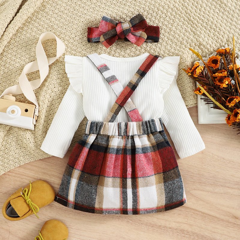 1 - 4years Toddler Girl 3pcs Set Solid Ribbed Ruffled Romper Plaid Print Suspender Skirt Headband Infant Girls Spring Fall Suit - PratSN