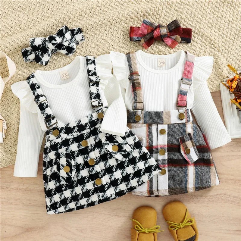 1 - 4years Toddler Girl 3pcs Set Solid Ribbed Ruffled Romper Plaid Print Suspender Skirt Headband Infant Girls Spring Fall Suit - PratSN