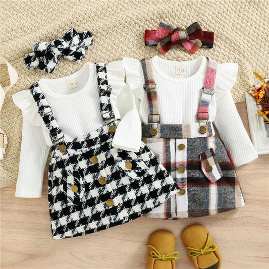 1 - 4years Toddler Girl 3pcs Set Solid Ribbed Ruffled Romper Plaid Print Suspender Skirt Headband Infant Girls Spring Fall Suit - PratSN