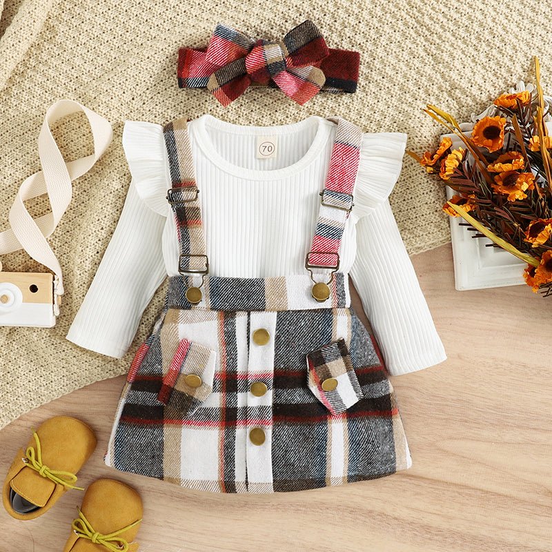 1 - 4years Toddler Girl 3pcs Set Solid Ribbed Ruffled Romper Plaid Print Suspender Skirt Headband Infant Girls Spring Fall Suit - PratSN