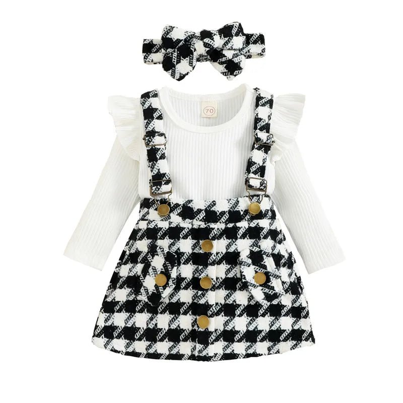 1 - 4years Toddler Girl 3pcs Set Solid Ribbed Ruffled Romper Plaid Print Suspender Skirt Headband Infant Girls Spring Fall Suit - PratSN