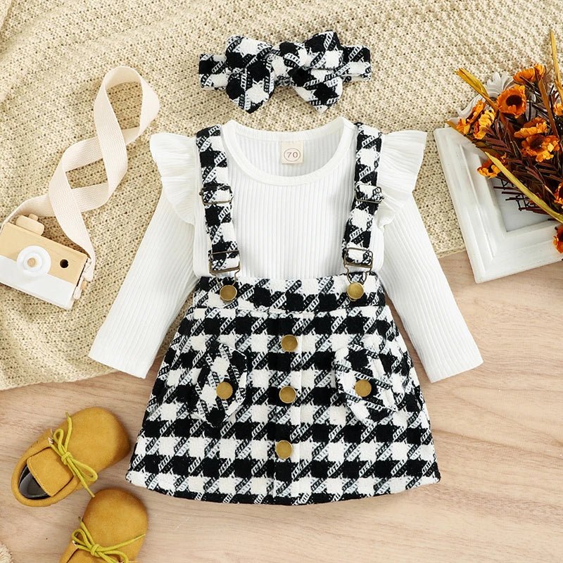 1 - 4years Toddler Girl 3pcs Set Solid Ribbed Ruffled Romper Plaid Print Suspender Skirt Headband Infant Girls Spring Fall Suit - PratSN