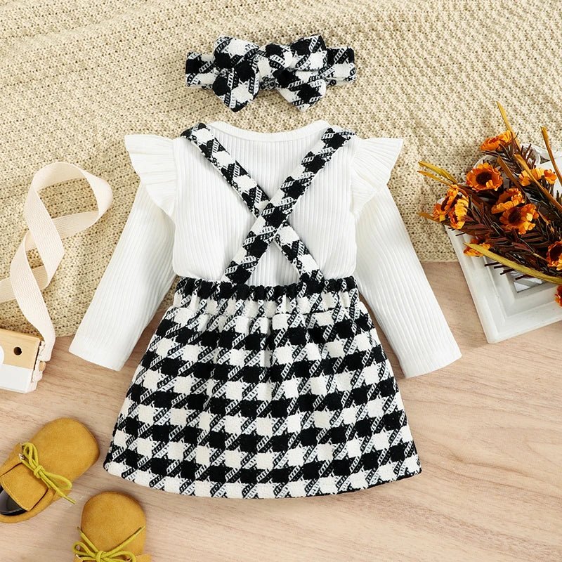 1 - 4years Toddler Girl 3pcs Set Solid Ribbed Ruffled Romper Plaid Print Suspender Skirt Headband Infant Girls Spring Fall Suit - PratSN