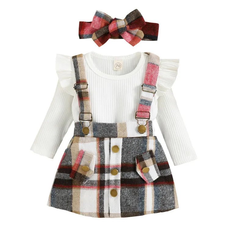 1 - 4years Toddler Girl 3pcs Set Solid Ribbed Ruffled Romper Plaid Print Suspender Skirt Headband Infant Girls Spring Fall Suit - PratSN