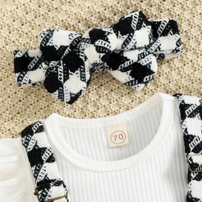 1 - 4years Toddler Girl 3pcs Set Solid Ribbed Ruffled Romper Plaid Print Suspender Skirt Headband Infant Girls Spring Fall Suit - PratSN