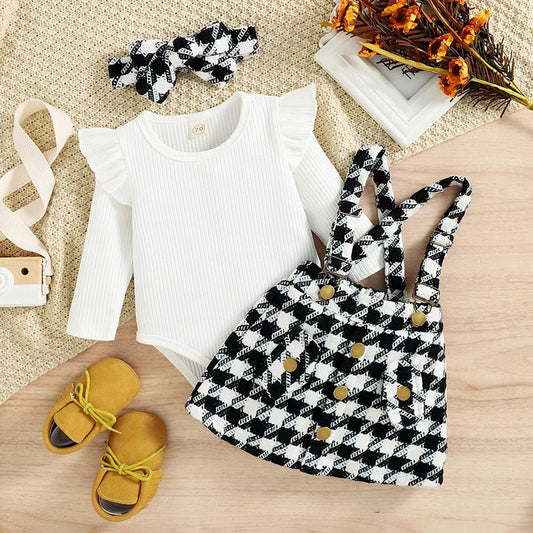 1 - 4years Toddler Girl 3pcs Set Solid Ribbed Ruffled Romper Plaid Print Suspender Skirt Headband Infant Girls Spring Fall Suit - PratSN