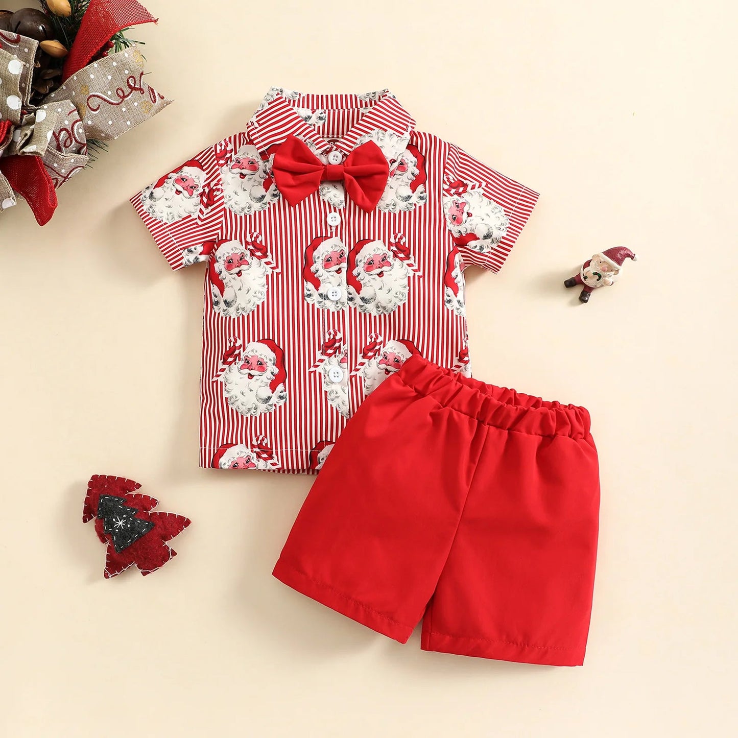 1 - 5Y Baby Toddler Boys New Year Outfits For Boys Short Sleeve Blue Santa Claus Shirts and Red Shorts Boy Christmas Clothes Sets - PratSN