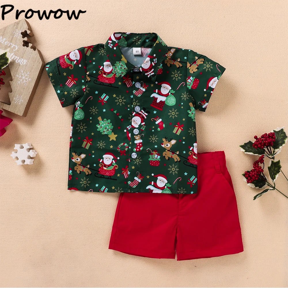 1 - 5Y Baby Toddler Boys New Year Outfits For Boys Short Sleeve Blue Santa Claus Shirts and Red Shorts Boy Christmas Clothes Sets - PratSN