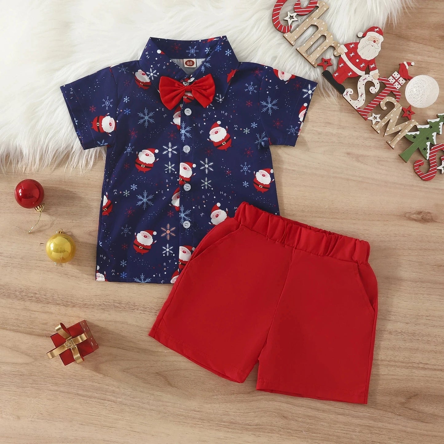1 - 5Y Baby Toddler Boys New Year Outfits For Boys Short Sleeve Blue Santa Claus Shirts and Red Shorts Boy Christmas Clothes Sets - PratSN