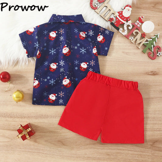 1 - 5Y Baby Toddler Boys New Year Outfits For Boys Short Sleeve Blue Santa Claus Shirts and Red Shorts Boy Christmas Clothes Sets - PratSN