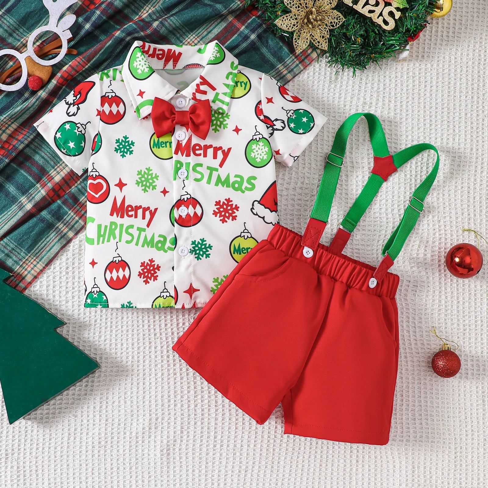 1 - 5Y Baby Toddler Boys New Year Outfits For Boys Short Sleeve Blue Santa Claus Shirts and Red Shorts Boy Christmas Clothes Sets - PratSN