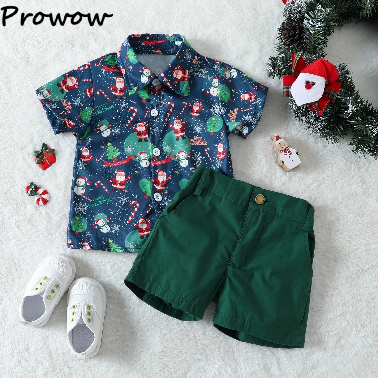 1 - 5Y Baby Toddler Boys New Year Outfits For Boys Short Sleeve Blue Santa Claus Shirts and Red Shorts Boy Christmas Clothes Sets - PratSN