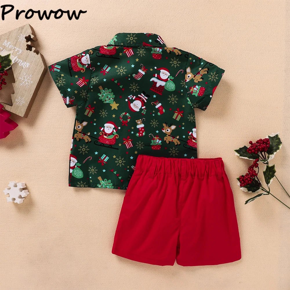 1 - 5Y Baby Toddler Boys New Year Outfits For Boys Short Sleeve Blue Santa Claus Shirts and Red Shorts Boy Christmas Clothes Sets - PratSN