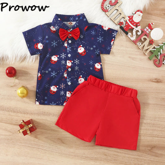 1 - 5Y Baby Toddler Boys New Year Outfits For Boys Short Sleeve Blue Santa Claus Shirts and Red Shorts Boy Christmas Clothes Sets - PratSN