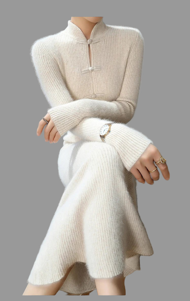 100% Mink Cashmere Knitted Dress Ladies Stand Collar Buckle Long Skirts Retro High Waist Over Knee Slim Dress New Thick Sweater - PratSN