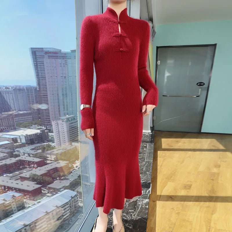 100% Mink Cashmere Knitted Dress Ladies Stand Collar Buckle Long Skirts Retro High Waist Over Knee Slim Dress New Thick Sweater - PratSN