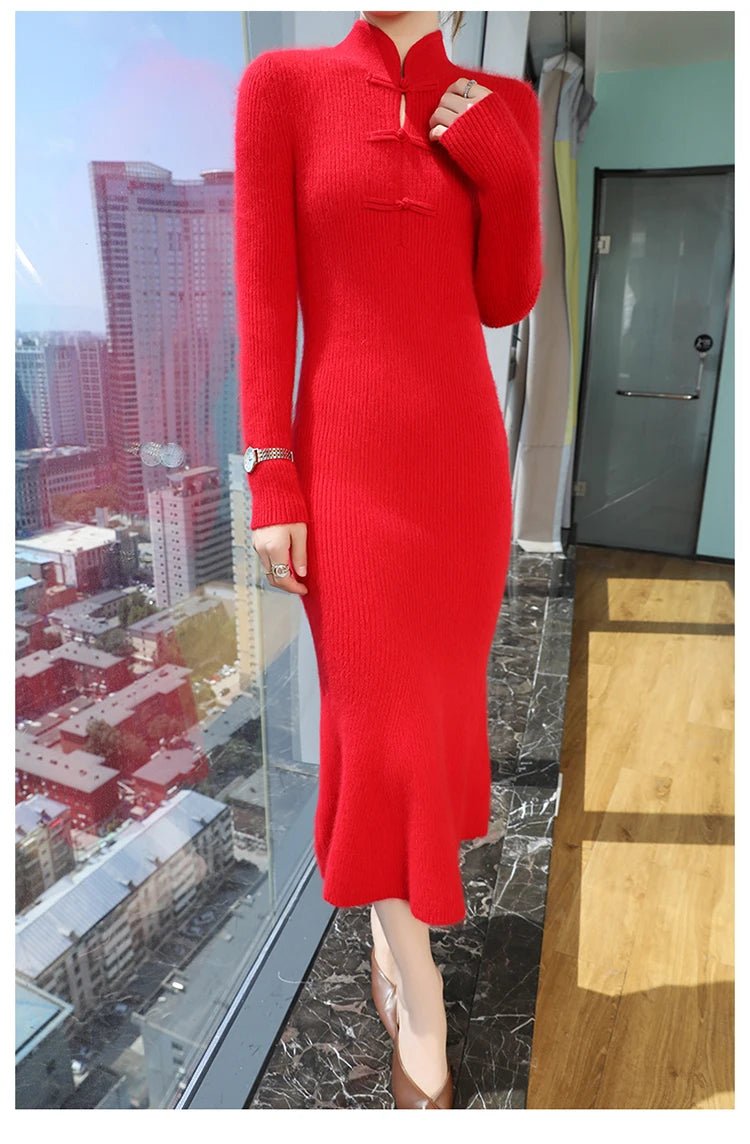 100% Mink Cashmere Knitted Dress Ladies Stand Collar Buckle Long Skirts Retro High Waist Over Knee Slim Dress New Thick Sweater - PratSN