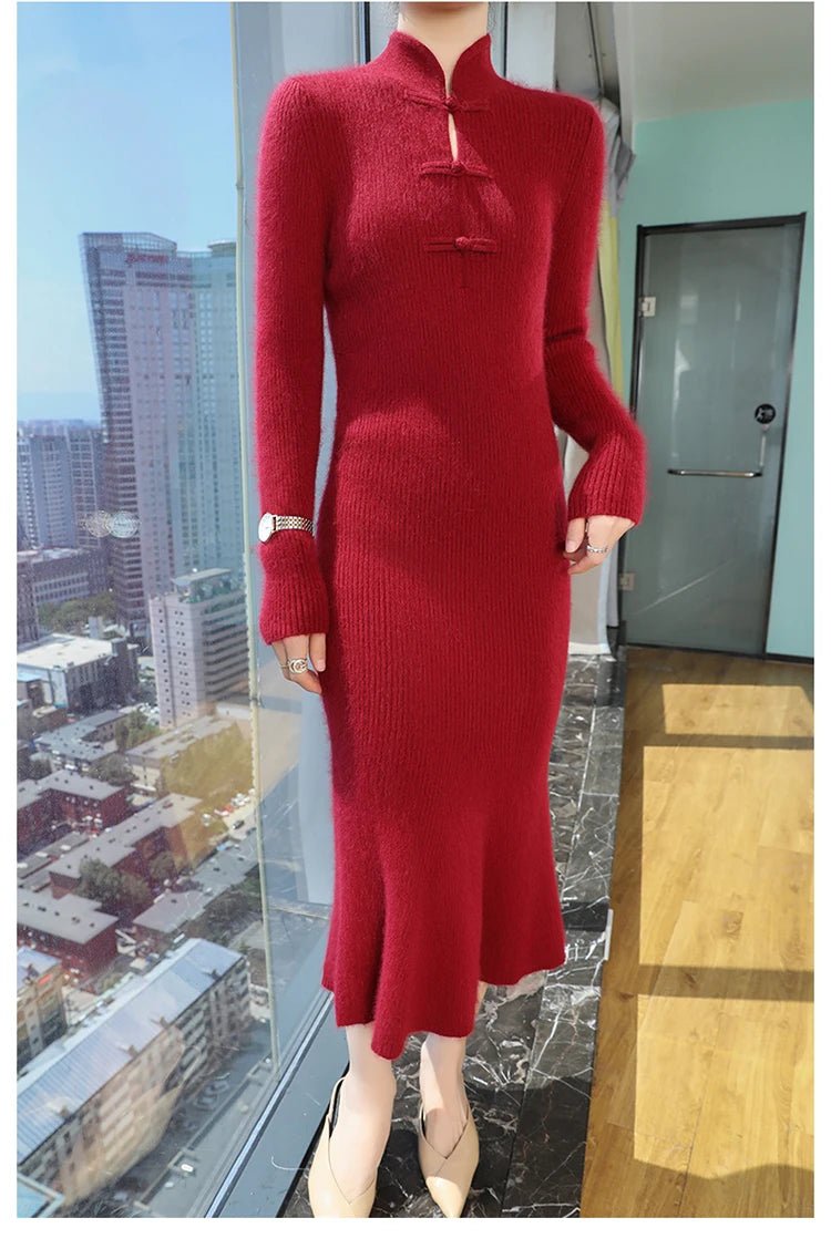 100% Mink Cashmere Knitted Dress Ladies Stand Collar Buckle Long Skirts Retro High Waist Over Knee Slim Dress New Thick Sweater - PratSN