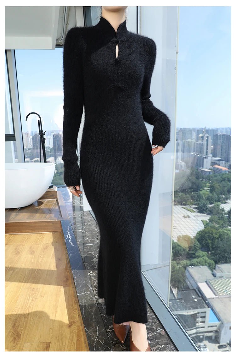 100% Mink Cashmere Knitted Dress Ladies Stand Collar Buckle Long Skirts Retro High Waist Over Knee Slim Dress New Thick Sweater - PratSN