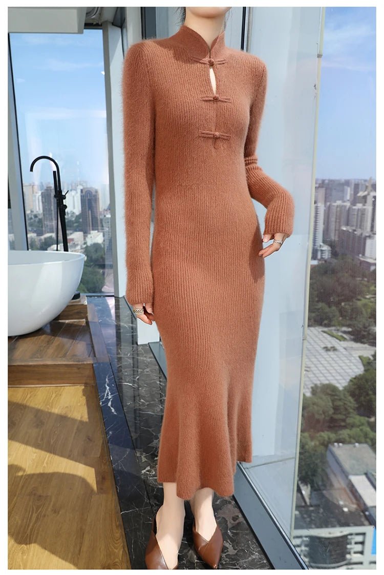 100% Mink Cashmere Knitted Dress Ladies Stand Collar Buckle Long Skirts Retro High Waist Over Knee Slim Dress New Thick Sweater - PratSN