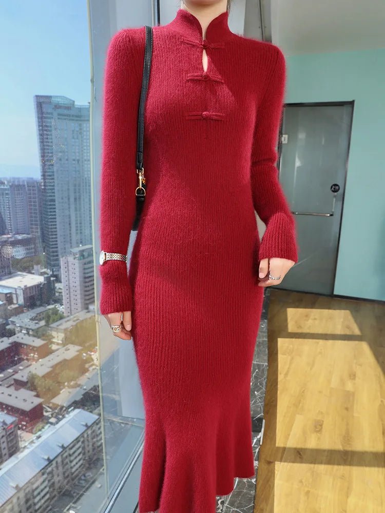 100% Mink Cashmere Knitted Dress Ladies Stand Collar Buckle Long Skirts Retro High Waist Over Knee Slim Dress New Thick Sweater - PratSN
