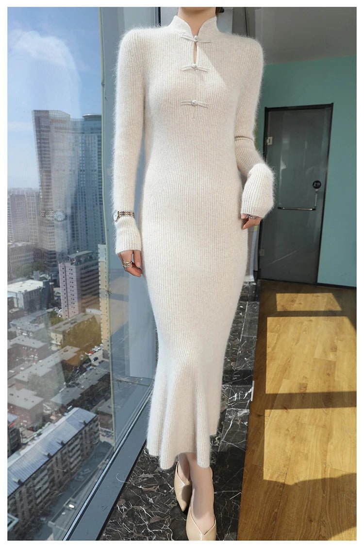 100% Mink Cashmere Knitted Dress Ladies Stand Collar Buckle Long Skirts Retro High Waist Over Knee Slim Dress New Thick Sweater - PratSN