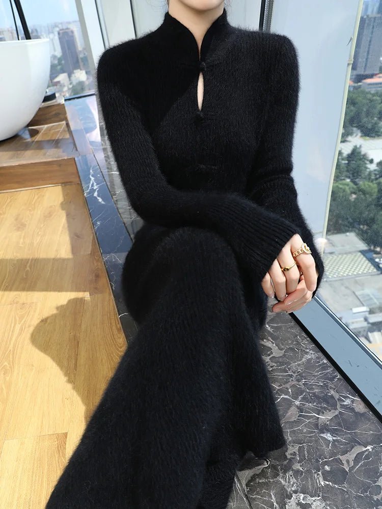100% Mink Cashmere Knitted Dress Ladies Stand Collar Buckle Long Skirts Retro High Waist Over Knee Slim Dress New Thick Sweater - PratSN