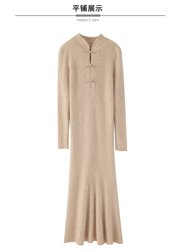 100% Mink Cashmere Knitted Dress Ladies Stand Collar Buckle Long Skirts Retro High Waist Over Knee Slim Dress New Thick Sweater - PratSN