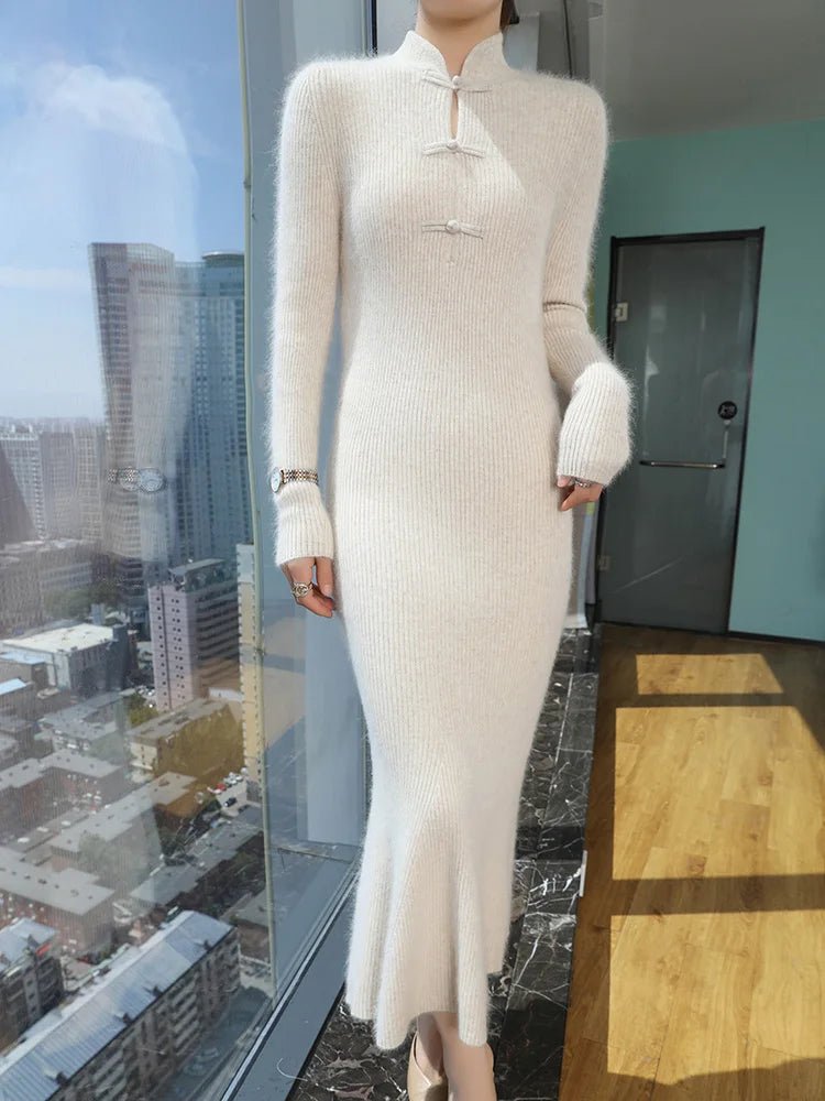 100% Mink Cashmere Knitted Dress Ladies Stand Collar Buckle Long Skirts Retro High Waist Over Knee Slim Dress New Thick Sweater - PratSN