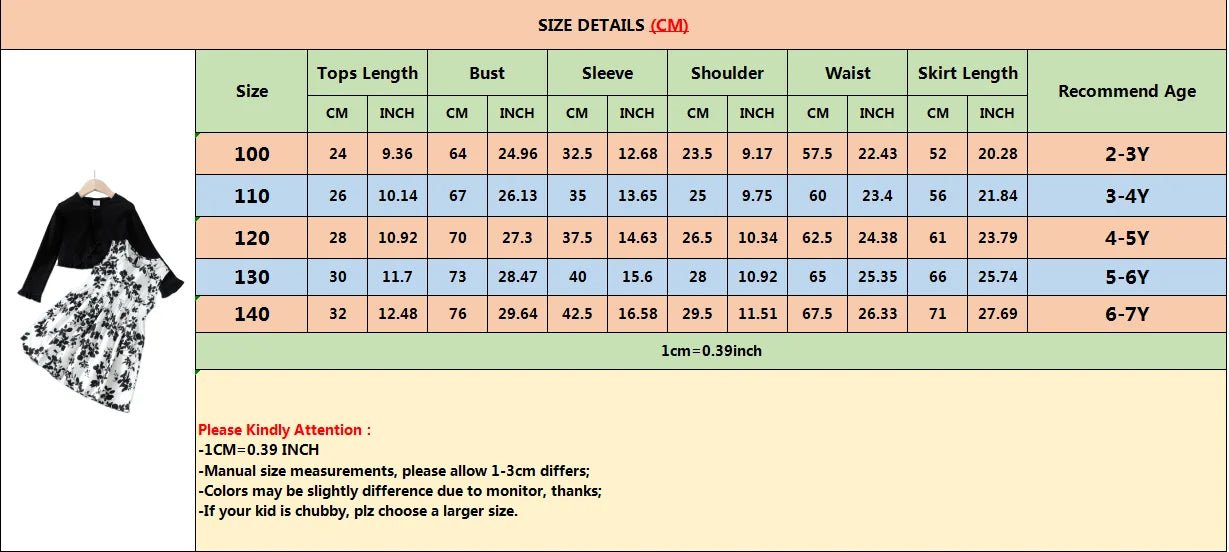 2 - 7Years Kid Girl 2PCS Clothing Set Black Knitted Overcoat+Floral Print Sleeveless Dress Fashion Personal Style Daily Party Wear - PratSN